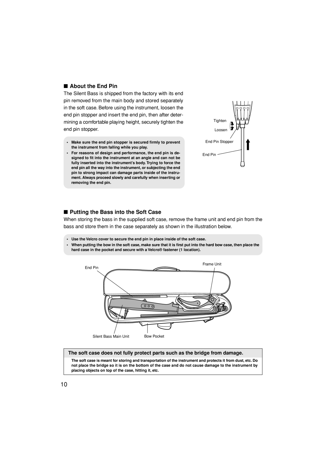 Yamaha SLB200 owner manual About the End Pin, Putting the Bass into the Soft Case 