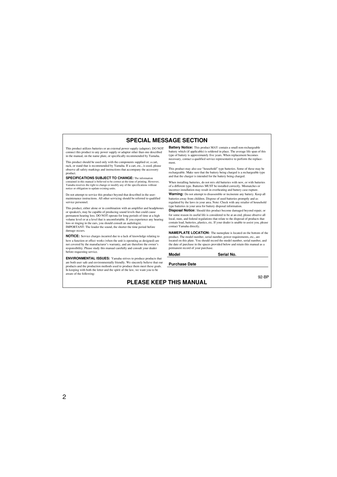 Yamaha SLB200 owner manual Special Message Section 