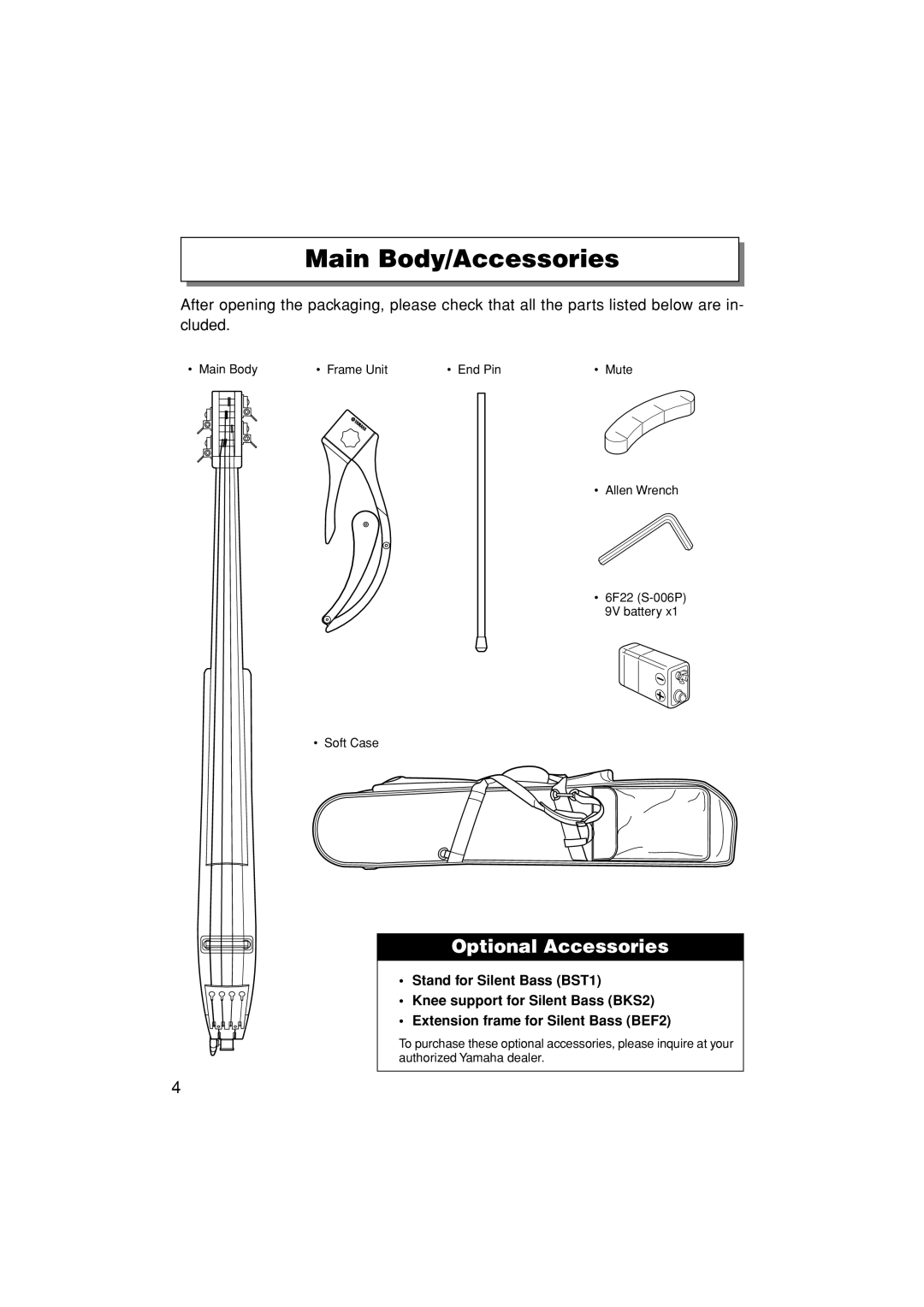 Yamaha SLB200 owner manual Main Body/Accessories, Optional Accessories 