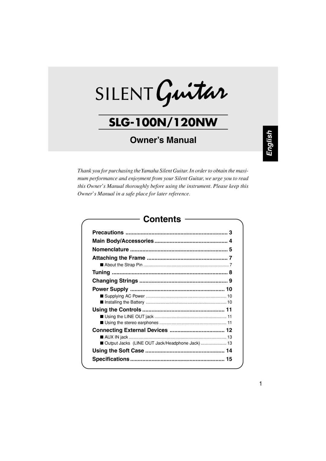 Yamaha SLG-120NW owner manual SLG-100N/120NW, Contents 