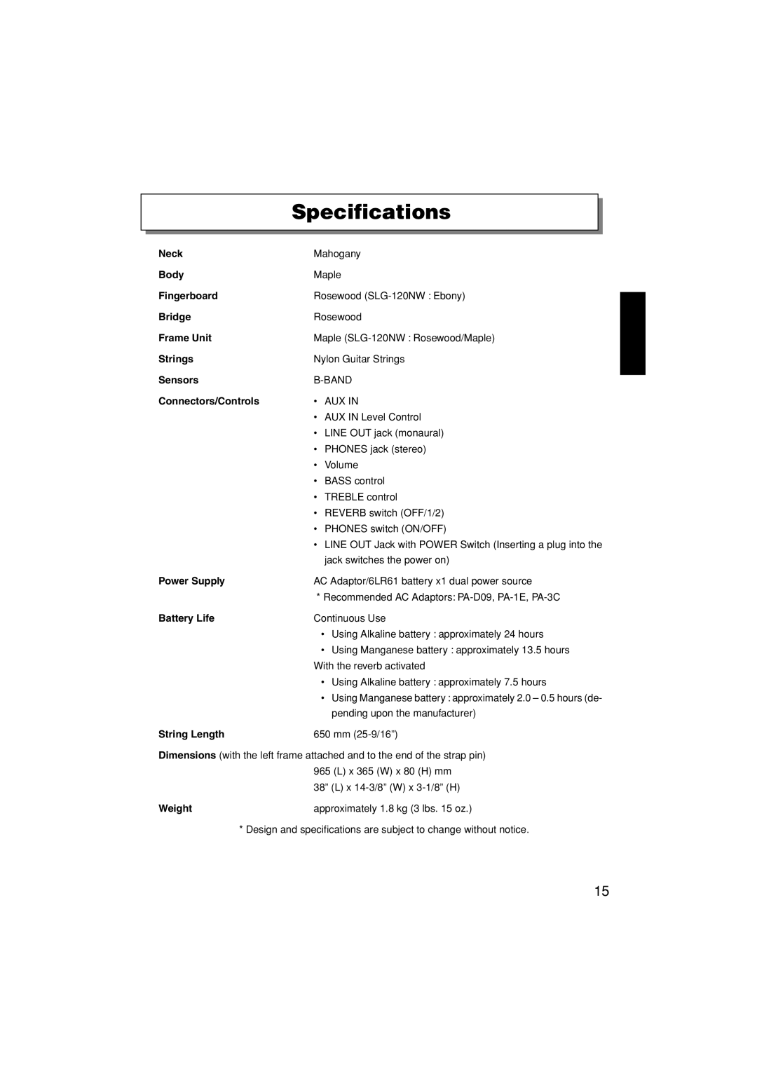 Yamaha SLG-120NW owner manual Specifications, Connectors/Controls 