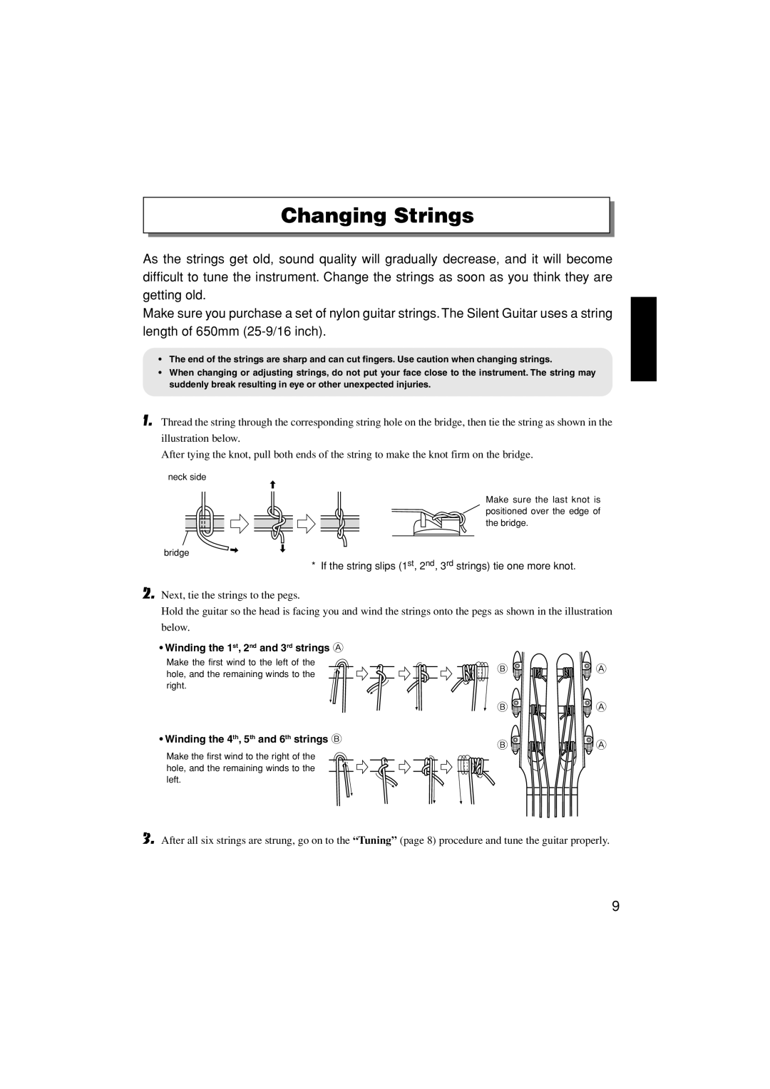 Yamaha SLG-120NW owner manual Changing Strings, If the string slips 1st, 2nd, 3rd strings tie one more knot 