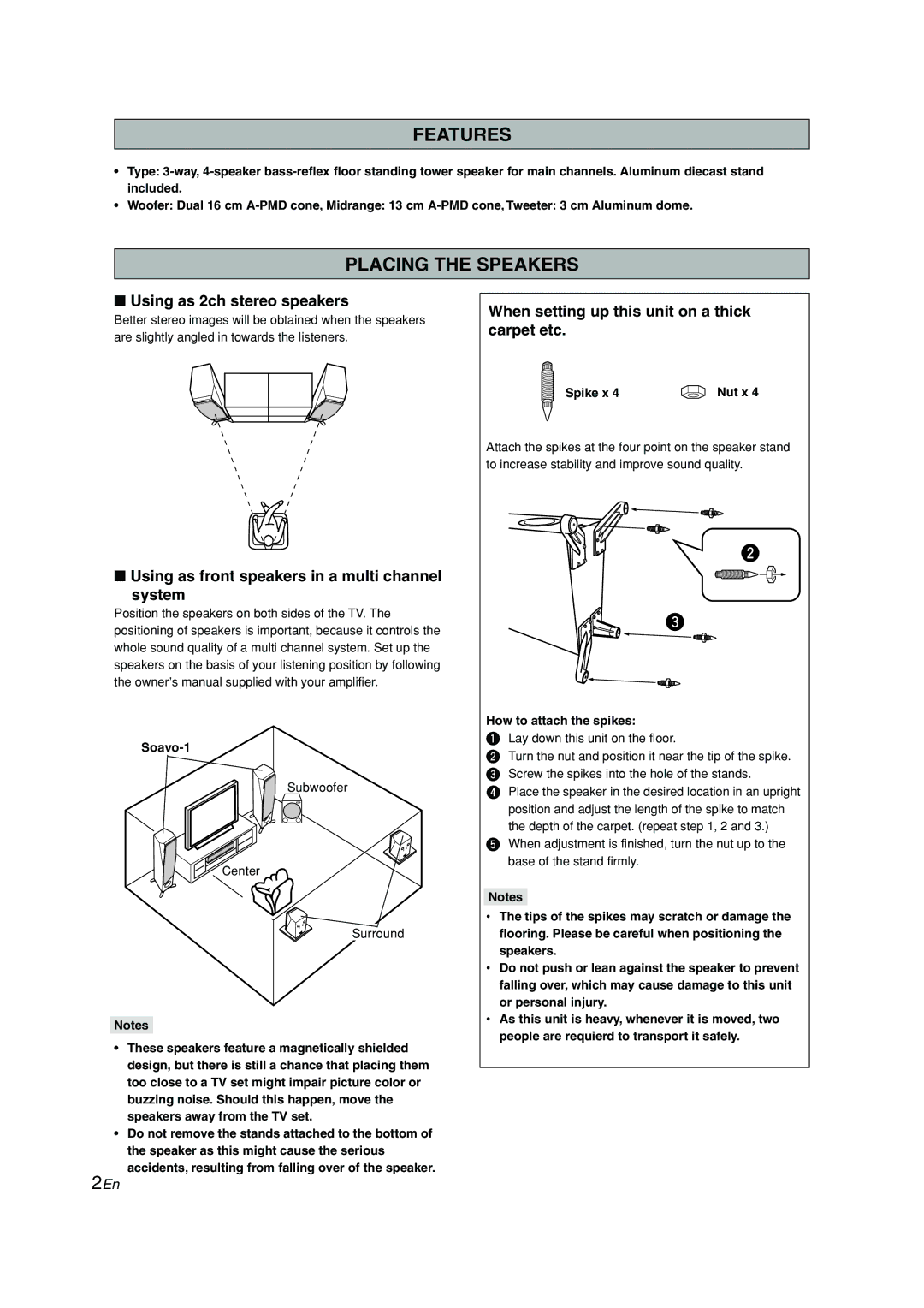 Yamaha Soavo-1 owner manual Features, Placing the Speakers, Using as 2ch stereo speakers 