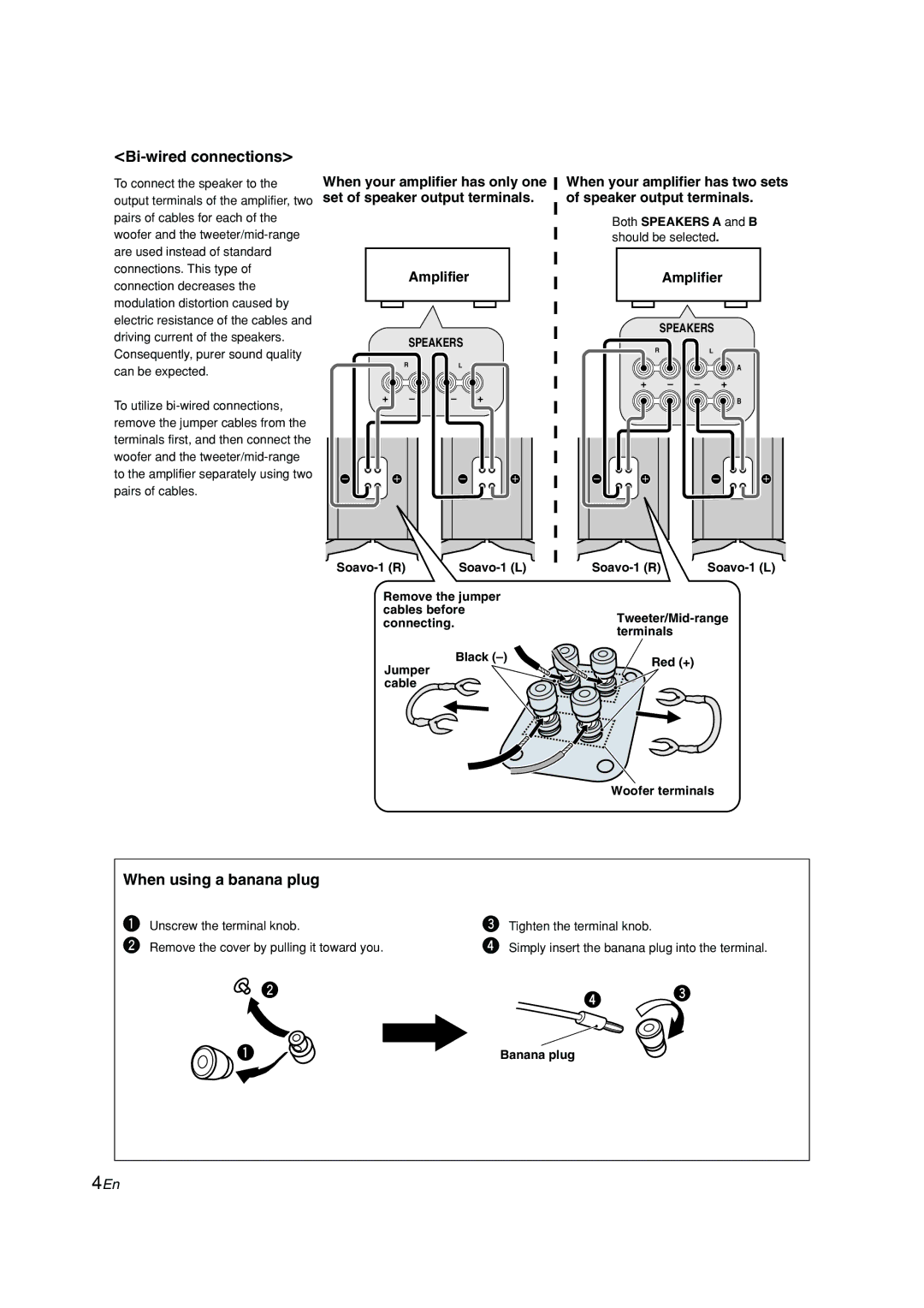 Yamaha Soavo-1 owner manual Bi-wired connections, When using a banana plug 