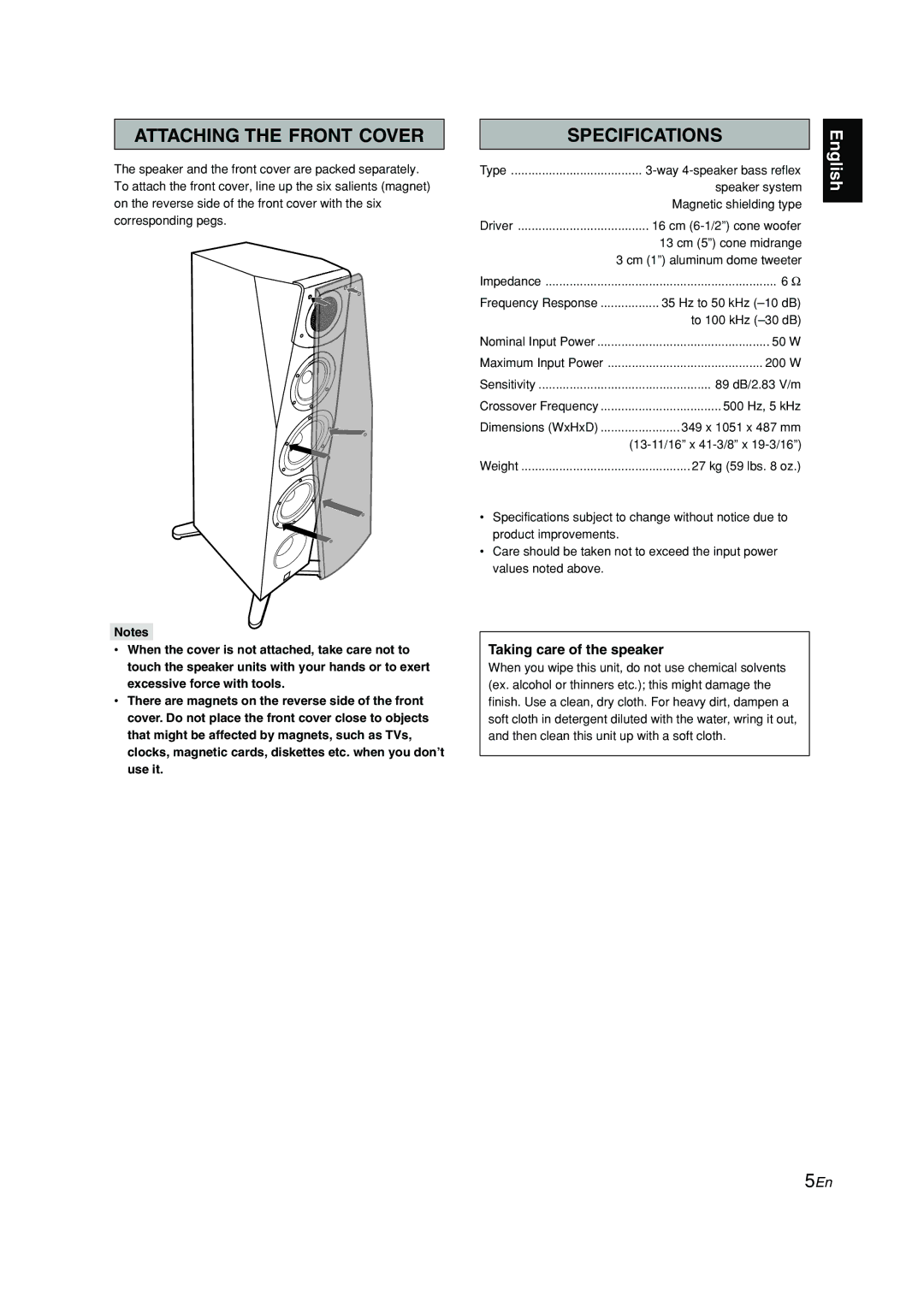 Yamaha Soavo-1 owner manual Attaching the Front Cover, Specifications, Taking care of the speaker 