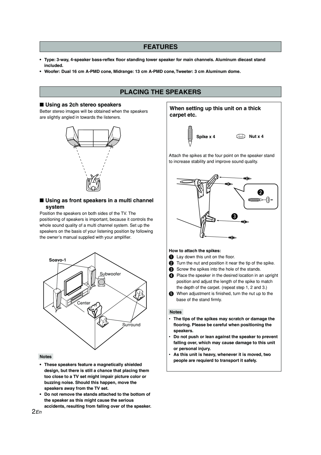 Yamaha Soavo-1 owner manual Features, Placing The Speakers, Using as 2ch stereo speakers 