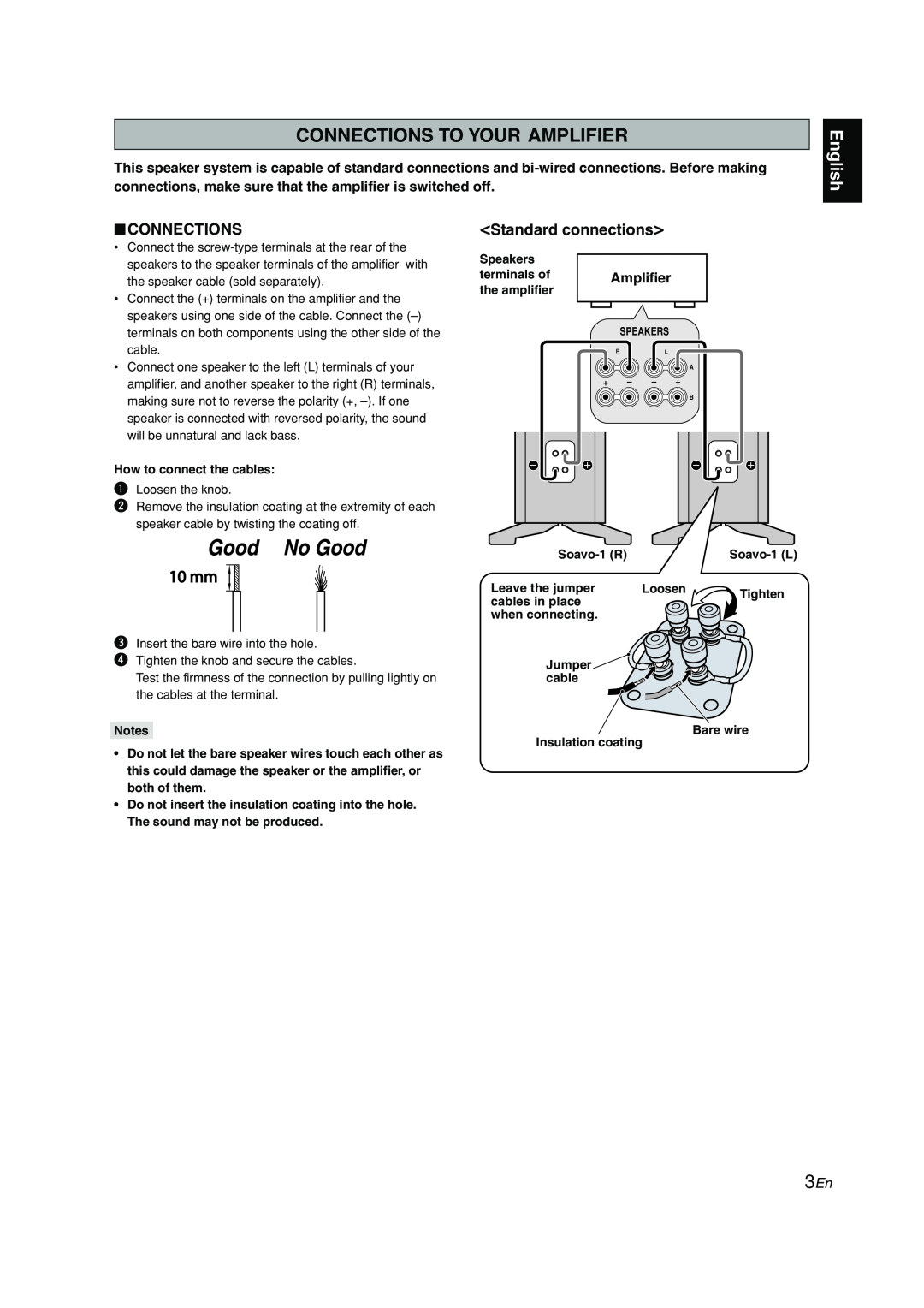 Yamaha Soavo-1 owner manual Connections To Your Amplifier, English, Standard connections 