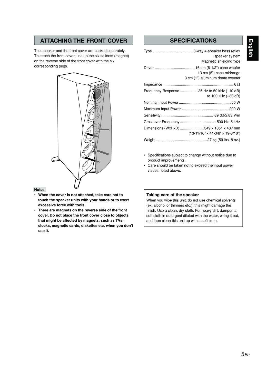 Yamaha Soavo-1 owner manual Attaching The Front Cover, Specifications, Taking care of the speaker, English 