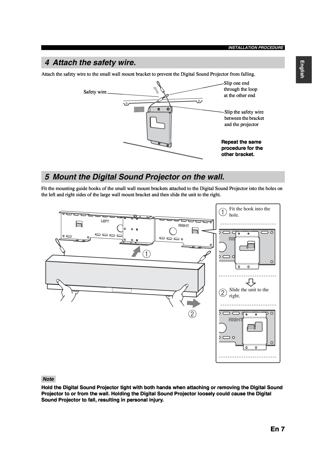 Yamaha SPMK30 installation manual Attach the safety wire, Mount the Digital Sound Projector on the wall, English 