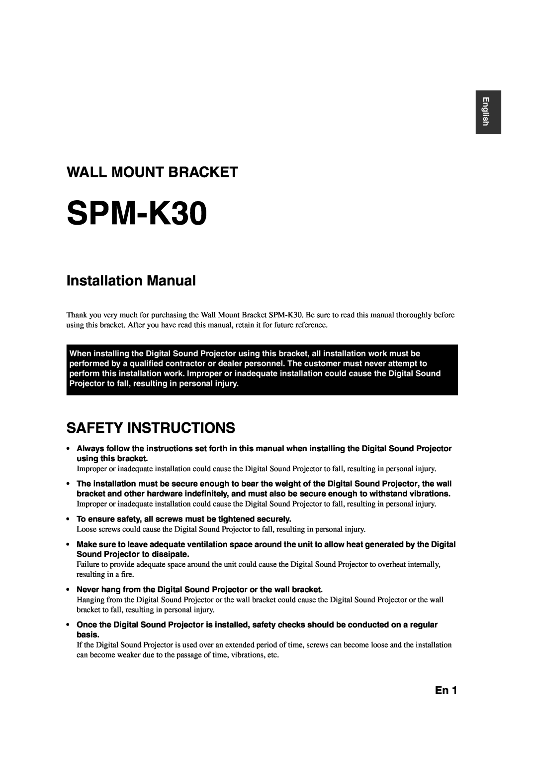 Yamaha SPMK30 installation manual Wall Mount Bracket, Installation Manual, Safety Instructions, English, SPM-K30 