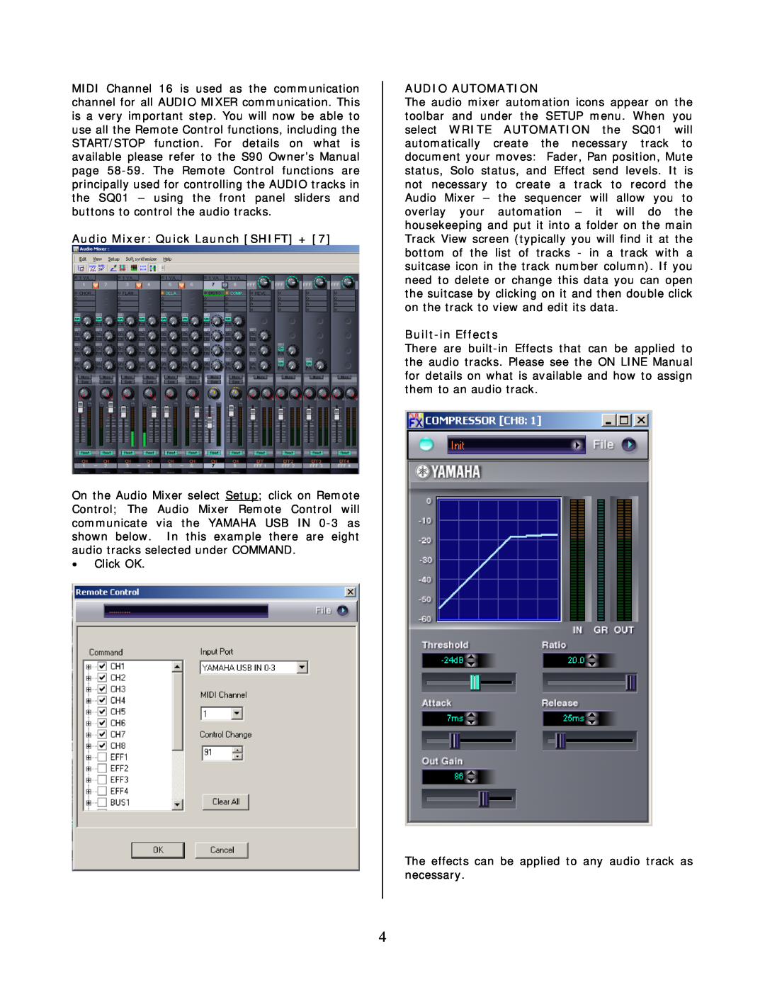 Yamaha SQ01, S90 manual Audio Mixer Quick Launch SHIFT +, Audio Automation, Built-inEffects 