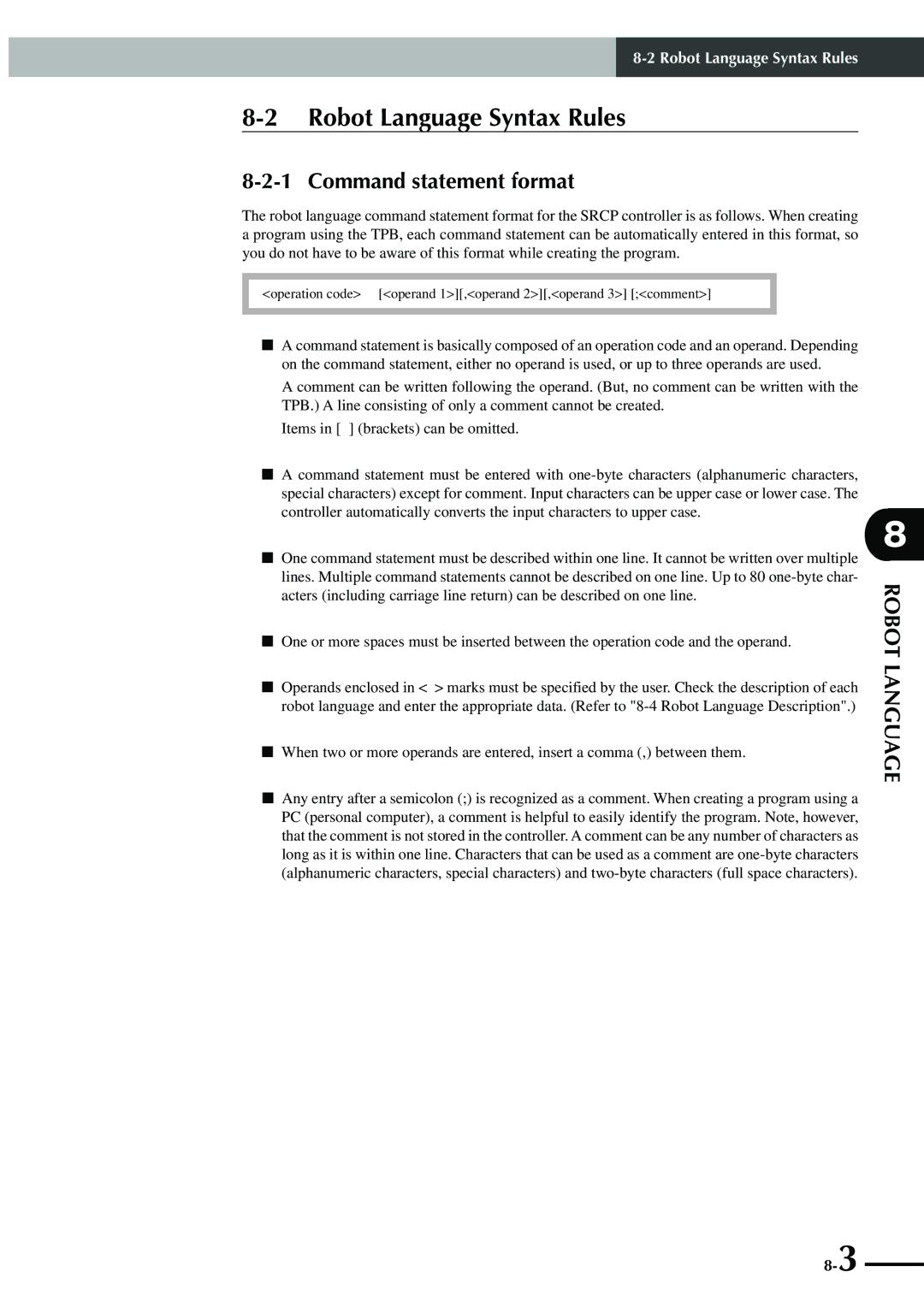 Yamaha SRCP manual Robot Language Syntax Rules, Command statement format 