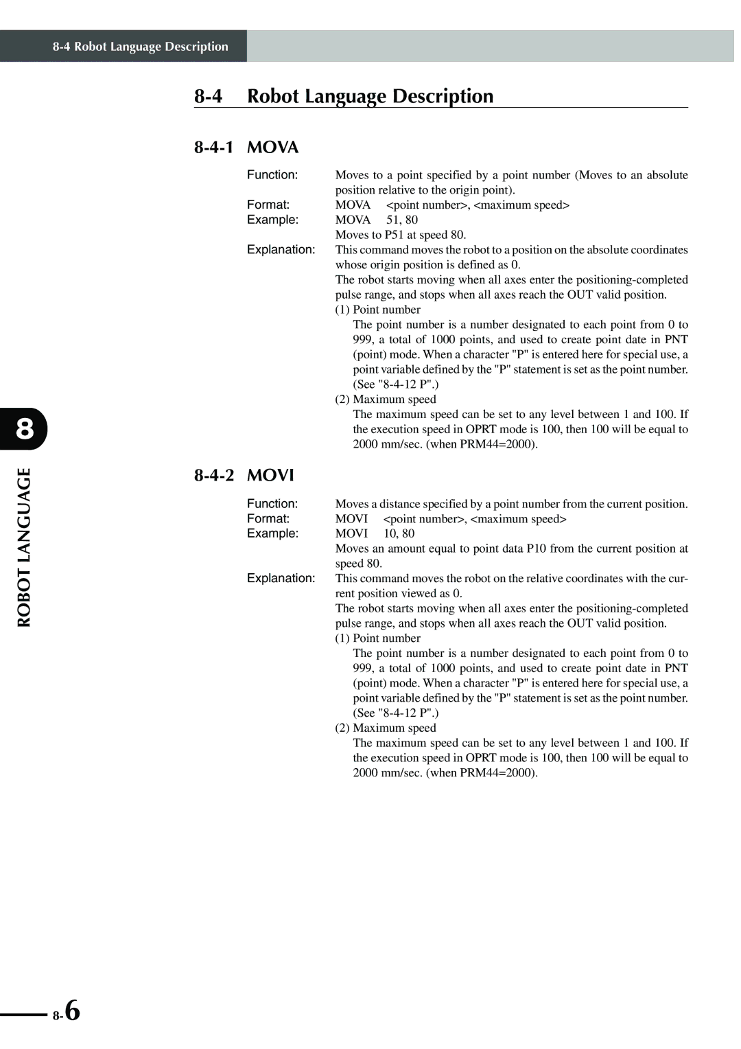 Yamaha SRCP manual Robot Language Description, Mova, Movi 