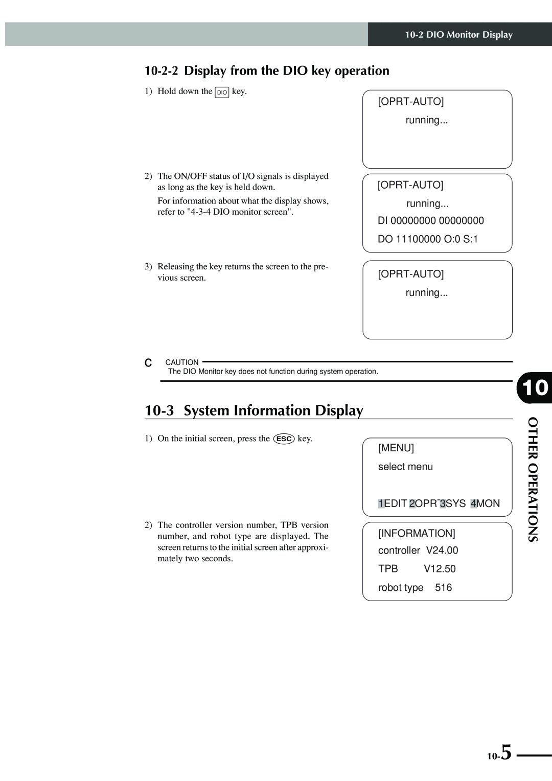 Yamaha SRCP System Information Display, Display from the DIO key operation, Oprt-Auto, 1EDIT2OPRT3SYS 4MON Information 