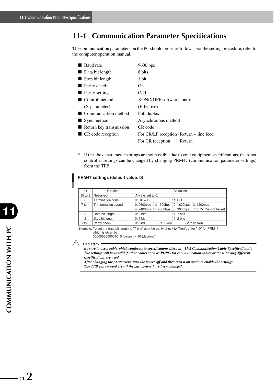 Yamaha SRCP manual Communication Parameter Specifications, PRM47 settings default value 