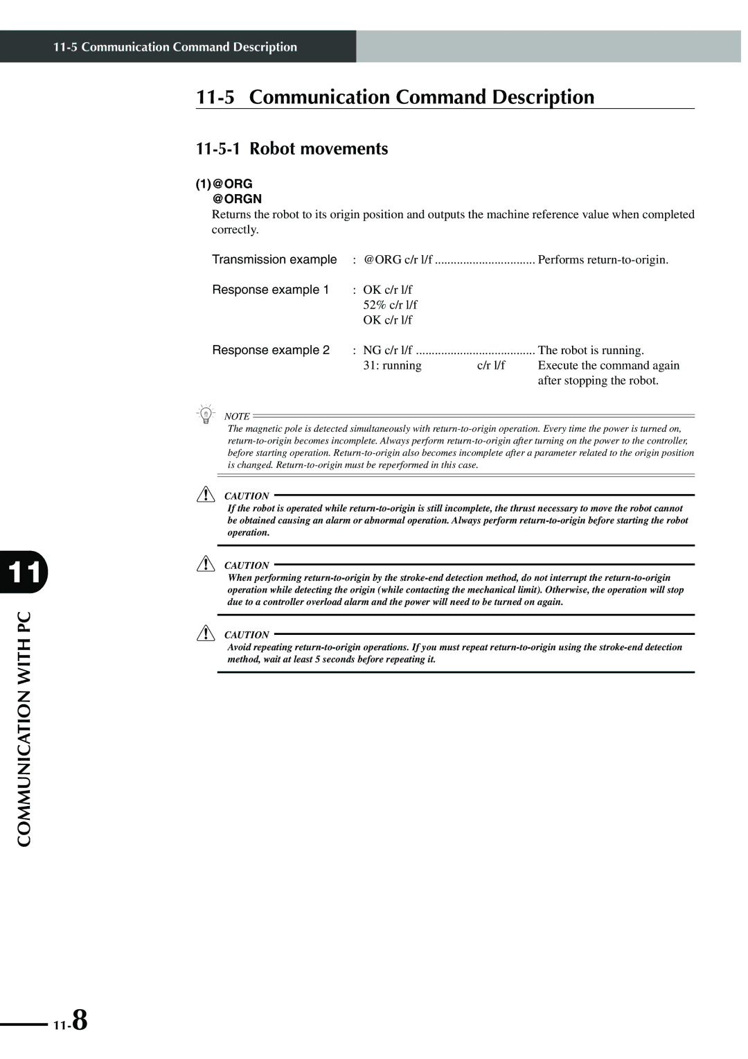 Yamaha SRCP manual Communication Command Description, Robot movements, @Org, Transmission example, Response example 