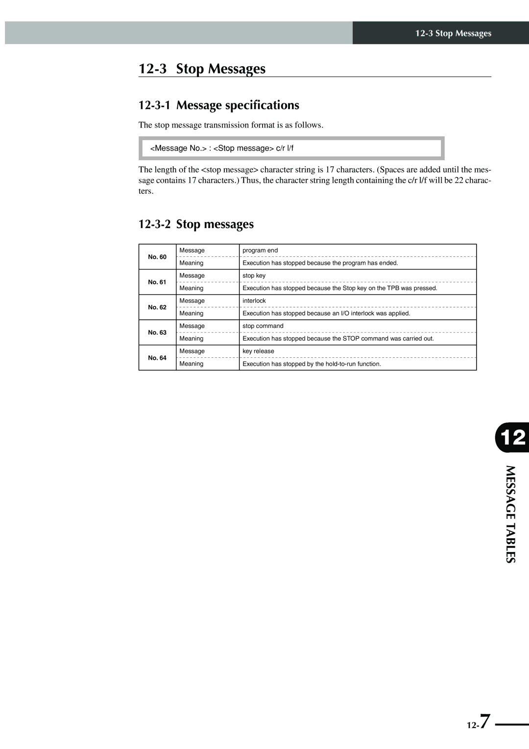 Yamaha SRCP manual Stop Messages, Message specifications, Stop messages 