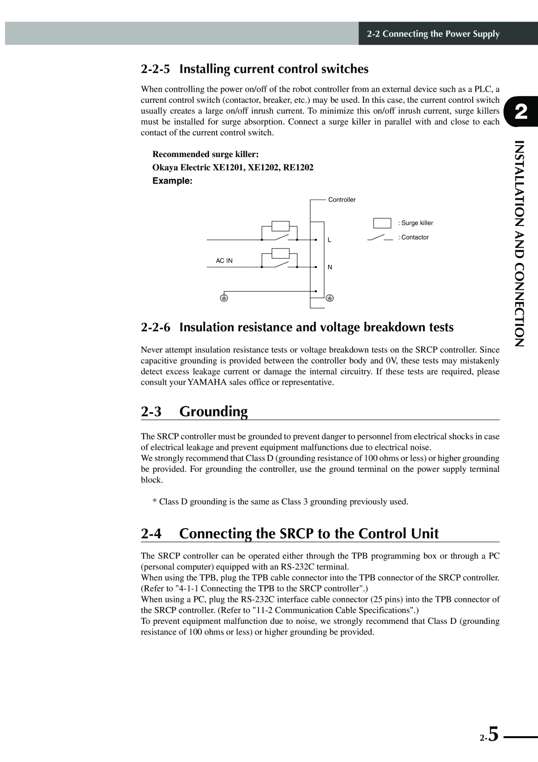 Yamaha SRCP manual Grounding, Connecting the Srcp to the Control Unit, Installing current control switches, Example 