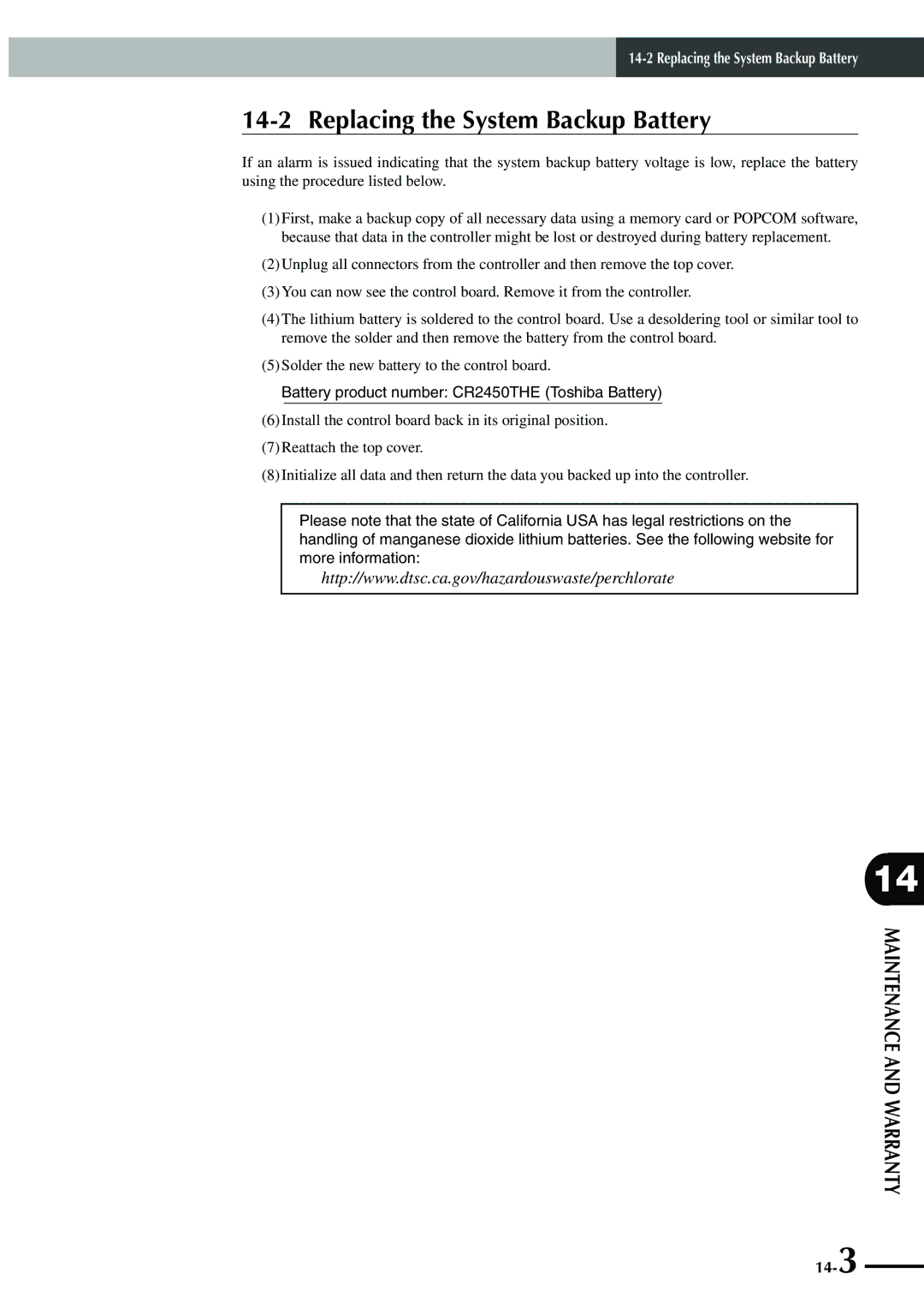 Yamaha SRCP manual Replacing the System Backup Battery, Battery product number CR2450THE Toshiba Battery 