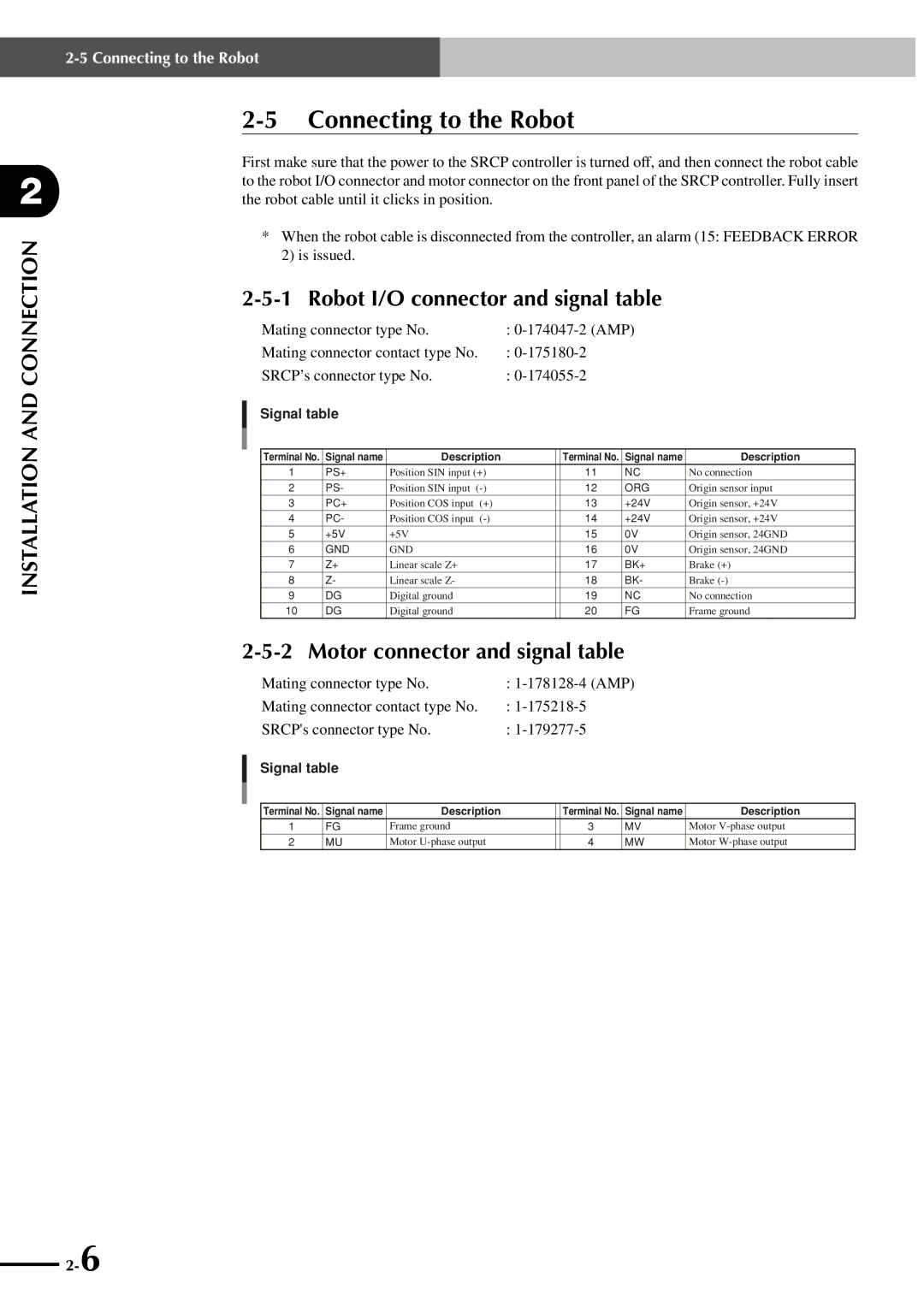 Yamaha SRCP manual Connecting to the Robot, Robot I/O connector and signal table 