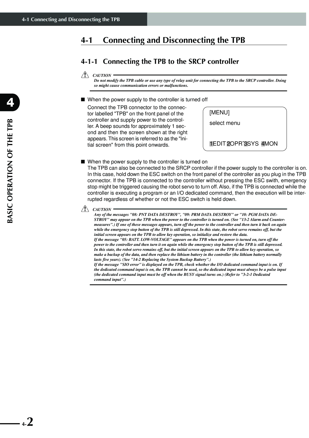 Yamaha SRCP manual Connecting and Disconnecting the TPB, Connecting the TPB to the Srcp controller 