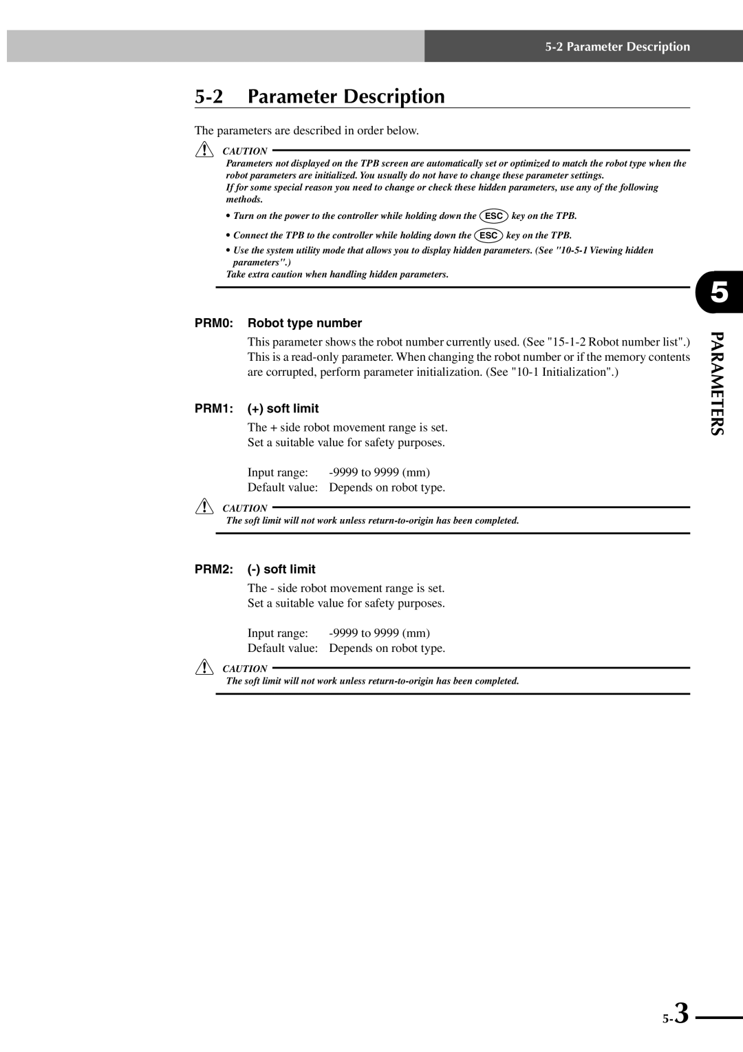 Yamaha SRCP manual Parameter Description, PRM0 Robot type number, PRM1 + soft limit, PRM2 soft limit 