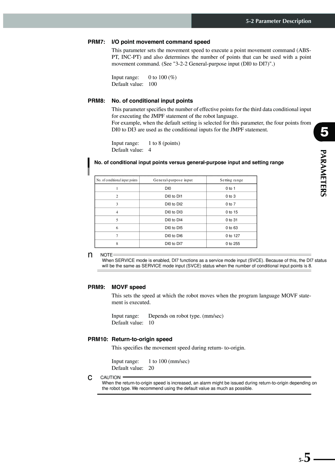 Yamaha SRCP manual PRM7 I/O point movement command speed, PRM8 No. of conditional input points, PRM9 Movf speed 