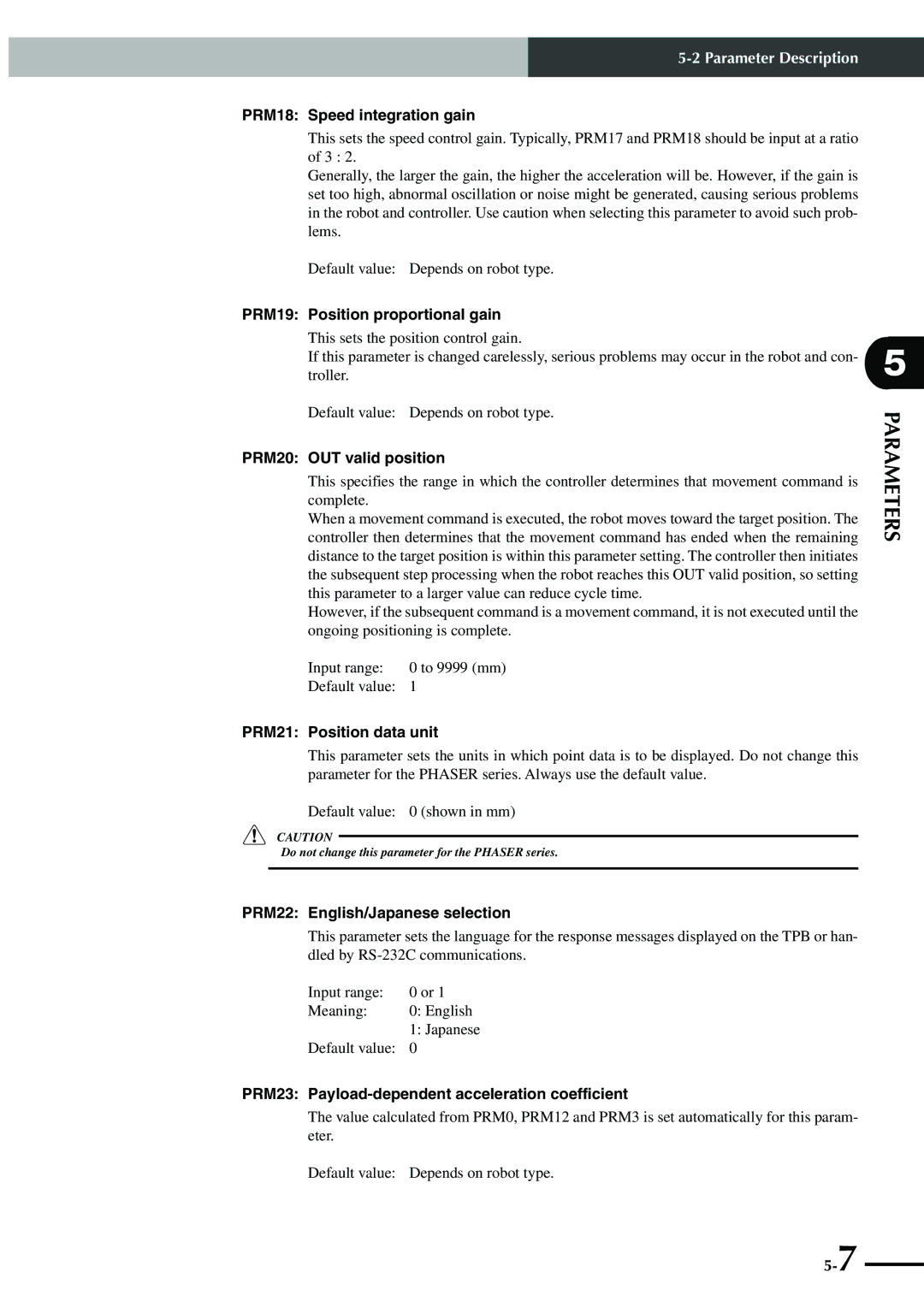 Yamaha SRCP manual PRM18 Speed integration gain, PRM19 Position proportional gain, PRM20 OUT valid position 