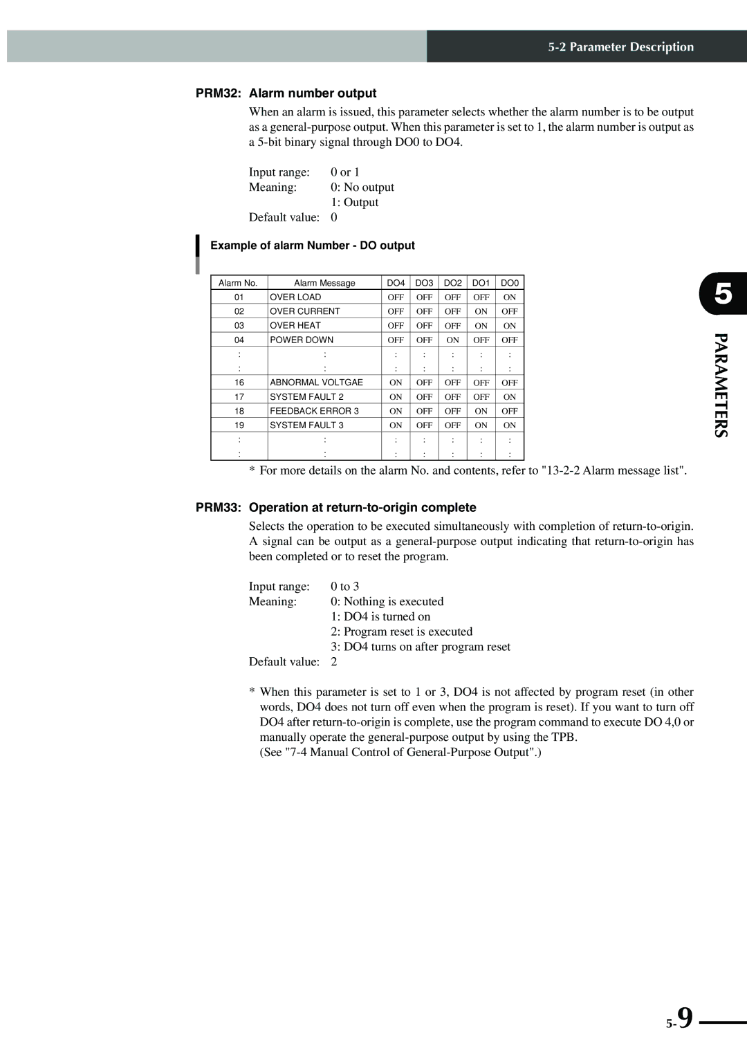 Yamaha SRCP manual PRM32 Alarm number output, PRM33 Operation at return-to-origin complete 