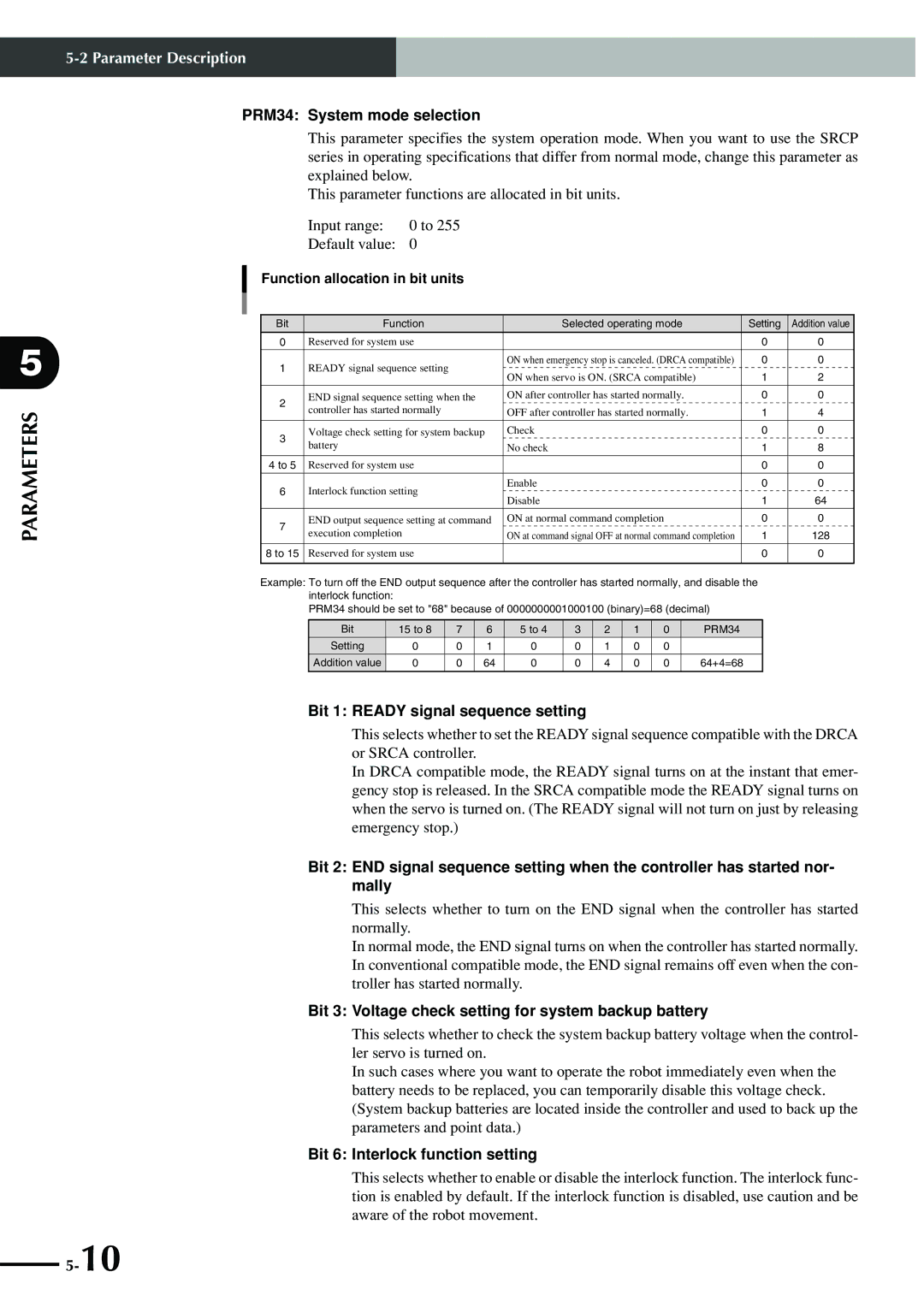 Yamaha SRCP manual PRM34 System mode selection, Bit 1 Ready signal sequence setting, Bit 6 Interlock function setting 