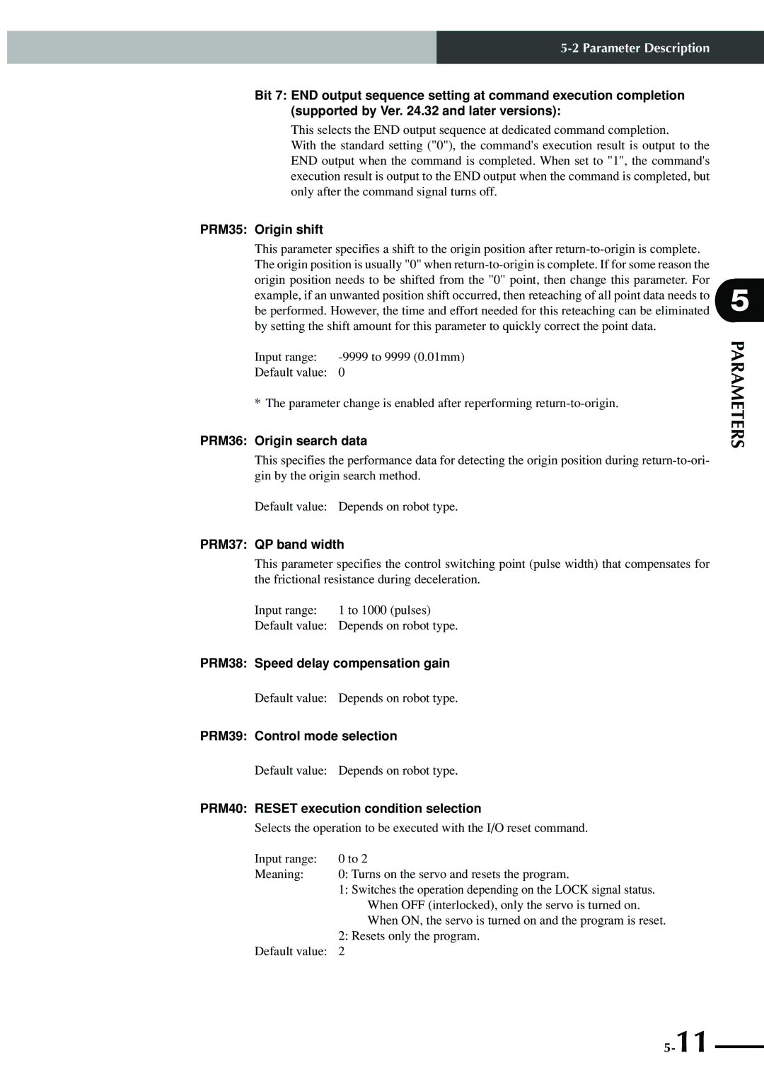 Yamaha SRCP manual PRM35 Origin shift, PRM36 Origin search data, PRM37 QP band width, PRM38 Speed delay compensation gain 