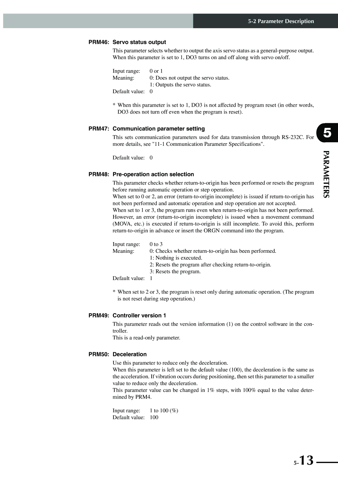 Yamaha SRCP manual PRM46 Servo status output, PRM47 Communication parameter setting, PRM48 Pre-operation action selection 