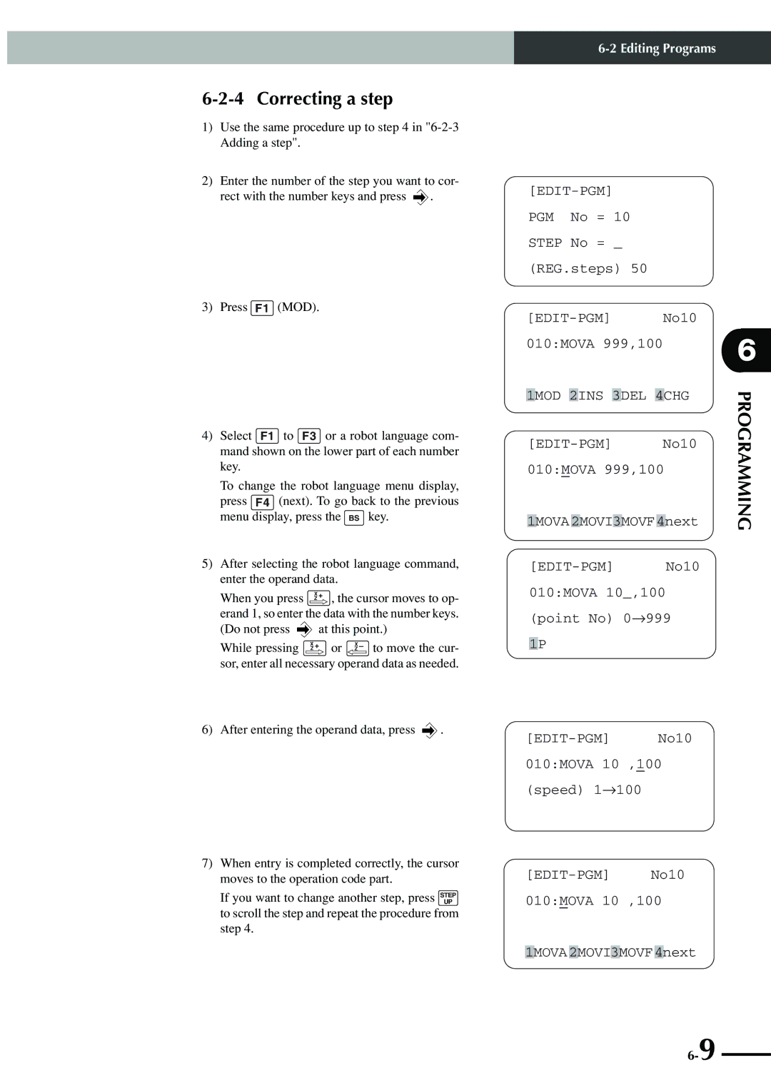 Yamaha SRCP manual Correcting a step, Mod Ins Del Chg, Mova, Movf 