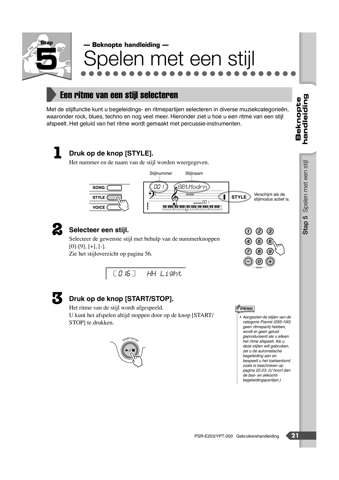 Yamaha SRE203 manual Een ritme van een stijl selecteren, Selecteer een stijl, HH Light 