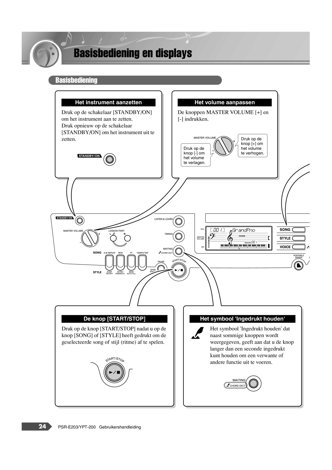 Yamaha SRE203 manual Basisbediening en displays 