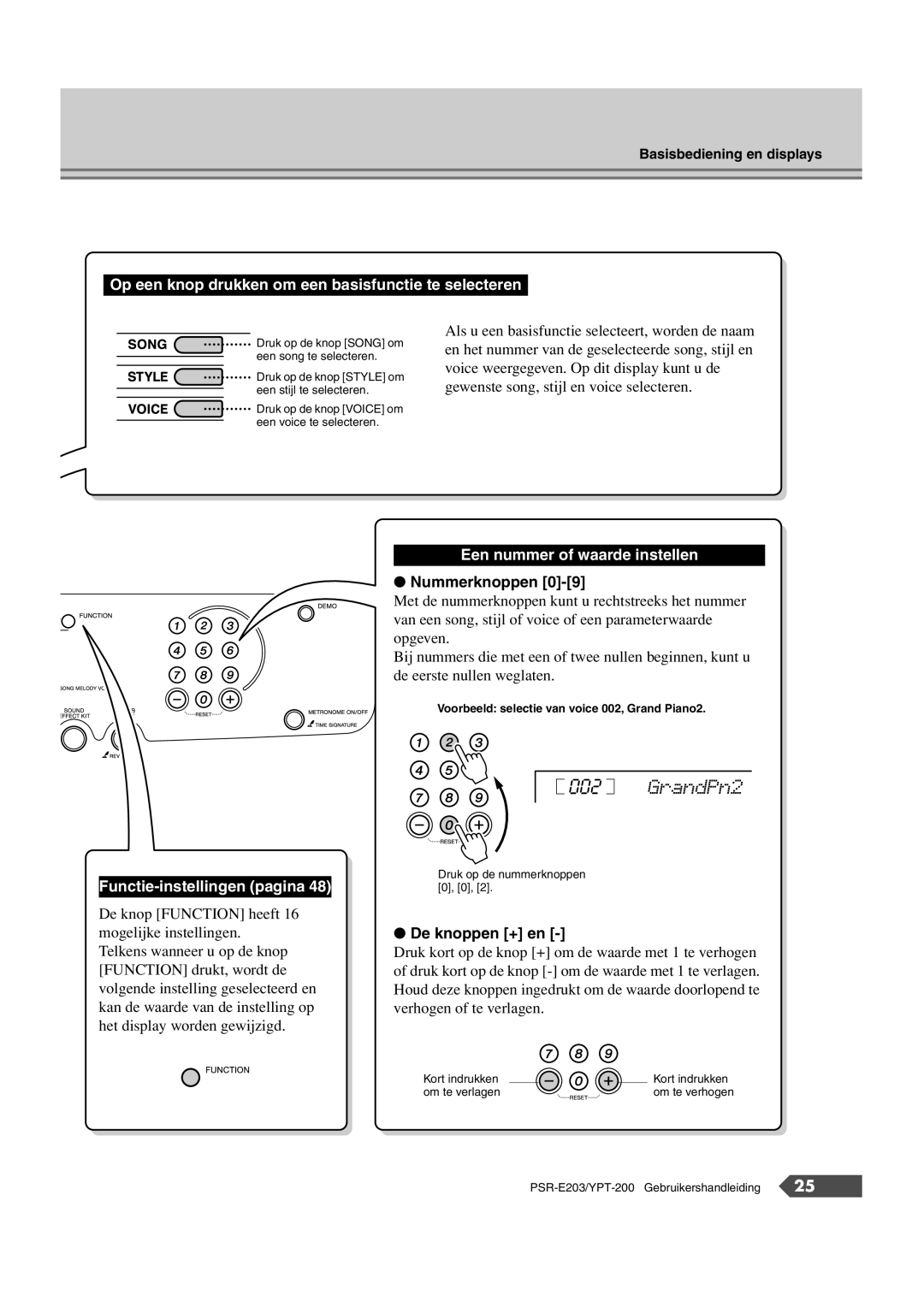 Yamaha SRE203 manual GrandPn2, Op een knop drukken om een basisfunctie te selecteren 