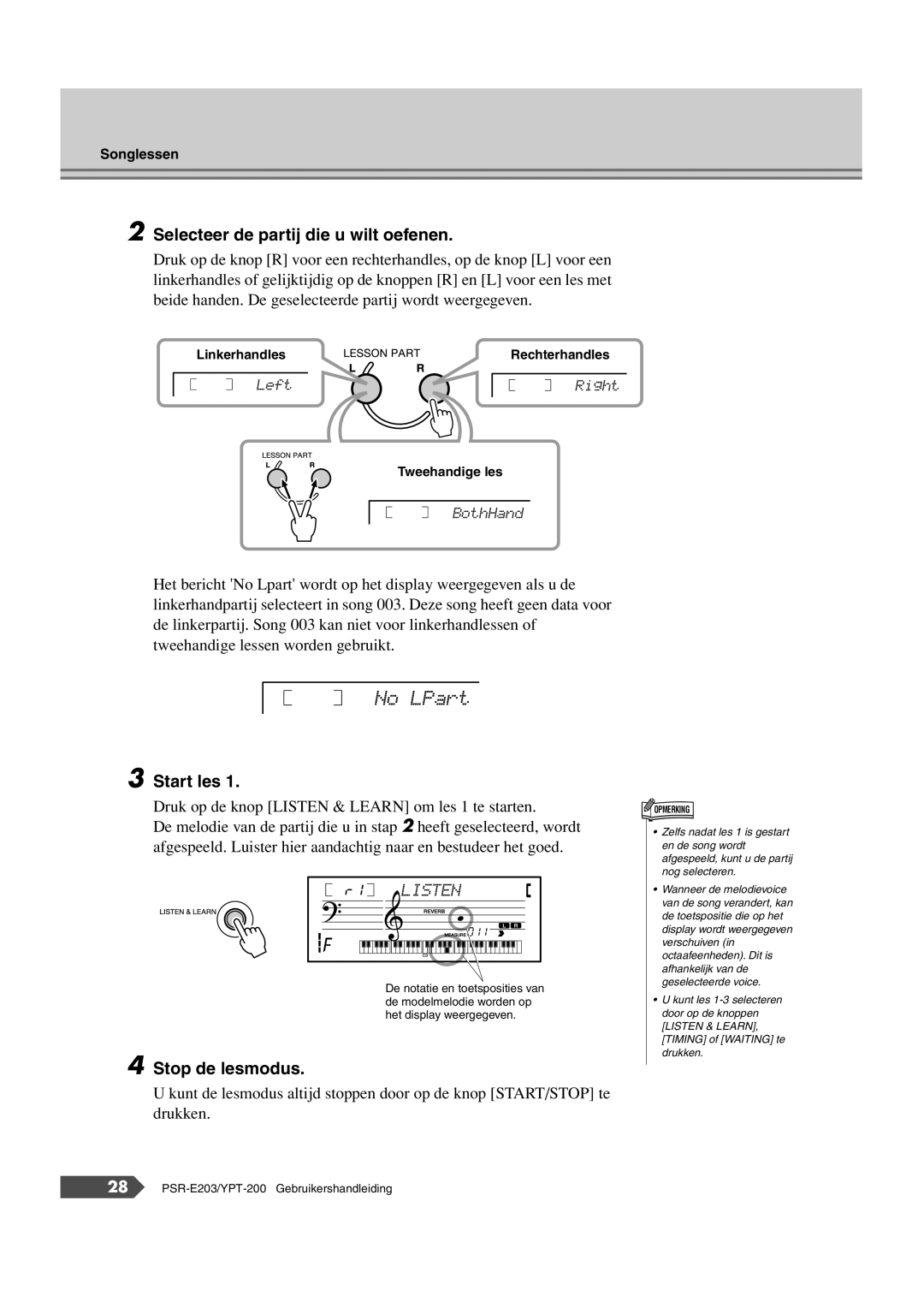 Yamaha SRE203 manual No LPart, Selecteer de partij die u wilt oefenen, Start les, Stop de lesmodus 