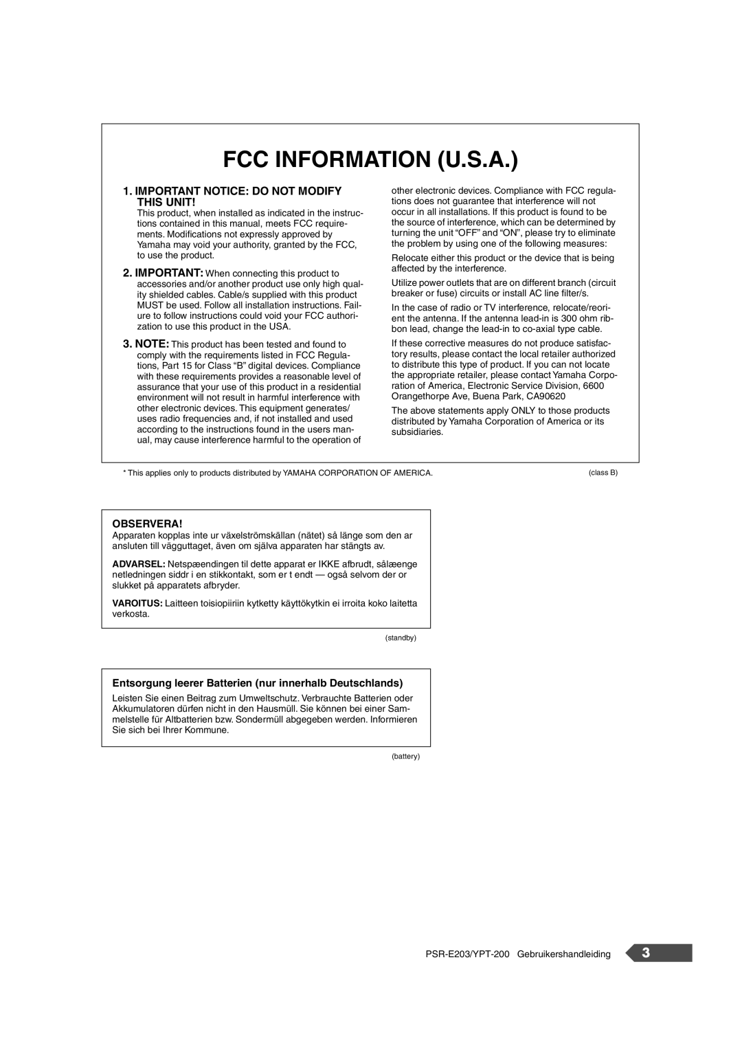 Yamaha SRE203 manual FCC Information U.S.A 