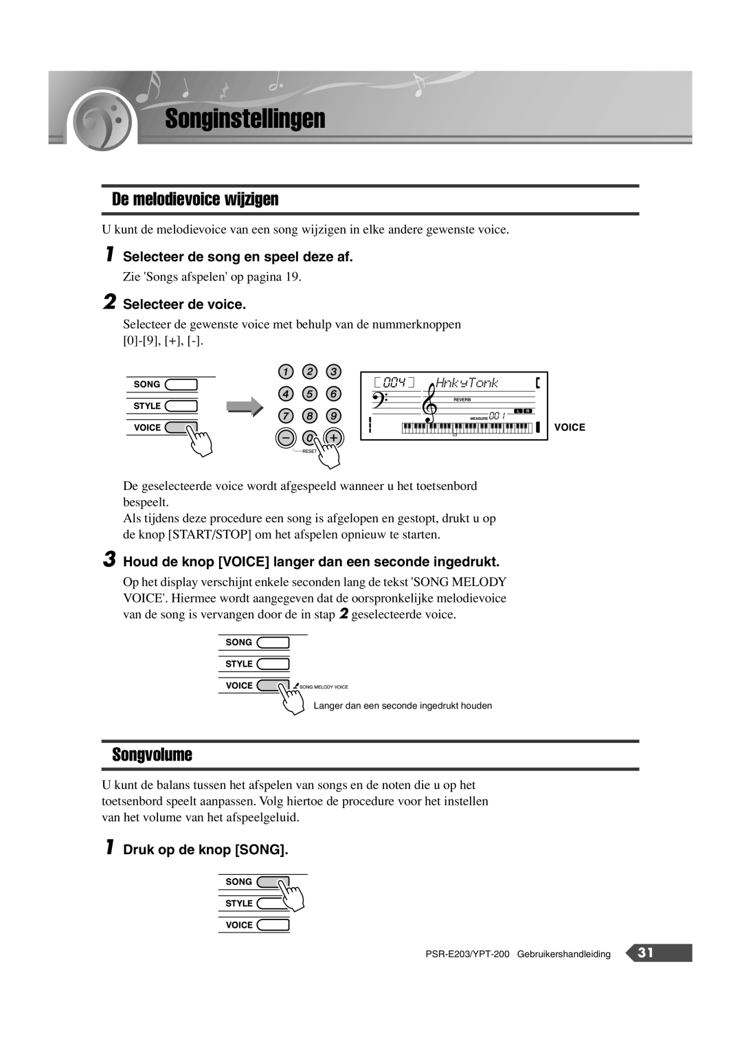 Yamaha SRE203 manual Songinstellingen, De melodievoice wijzigen, Songvolume 