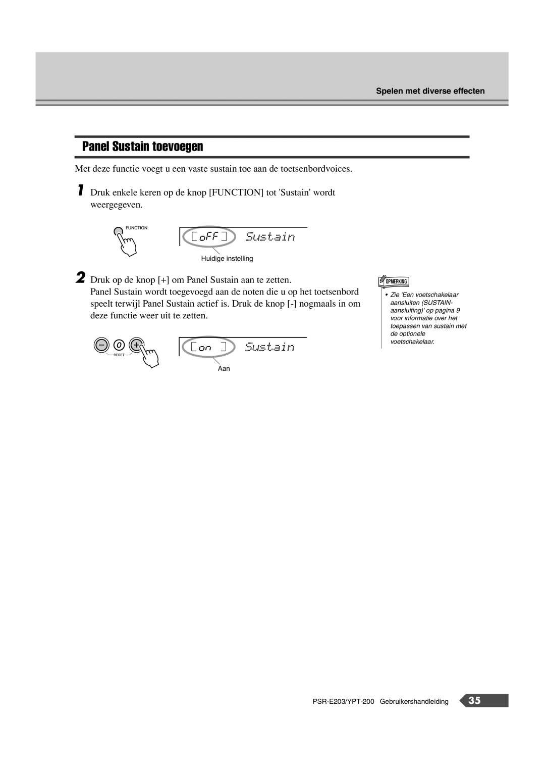 Yamaha SRE203 manual Panel Sustain toevoegen, OFF Sustain, On Sustain 