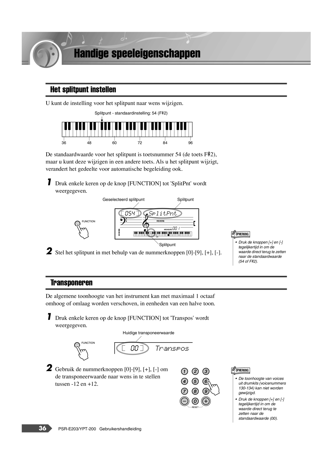 Yamaha SRE203 manual Handige speeleigenschappen, Het splitpunt instellen, Transponeren, Transpos 