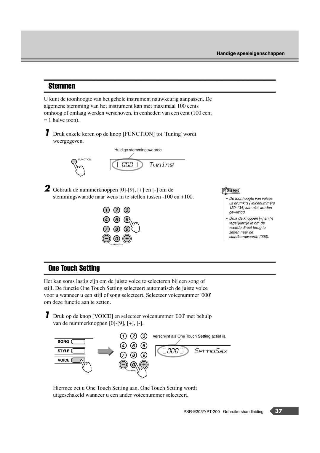 Yamaha SRE203 manual Stemmen, One Touch Setting, Tuning, SprnoSax 
