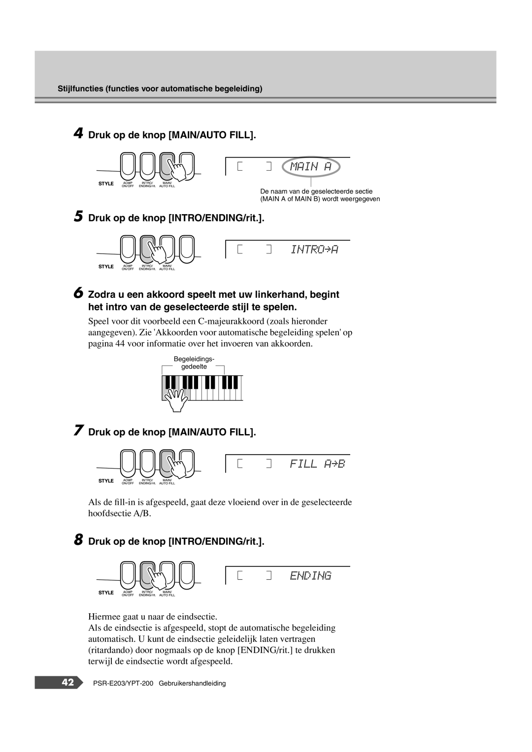 Yamaha SRE203 manual Druk op de knop MAIN/AUTO Fill, Druk op de knop INTRO/ENDING/rit 