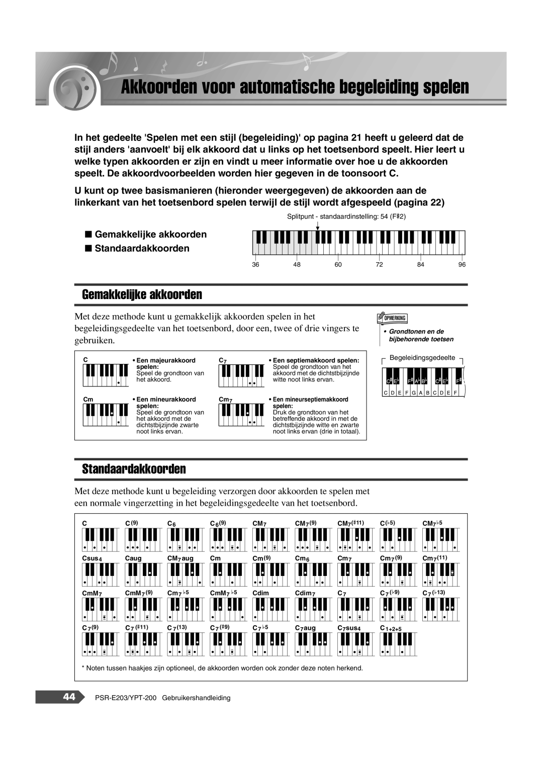 Yamaha SRE203 manual Gemakkelijke akkoorden, Standaardakkoorden 