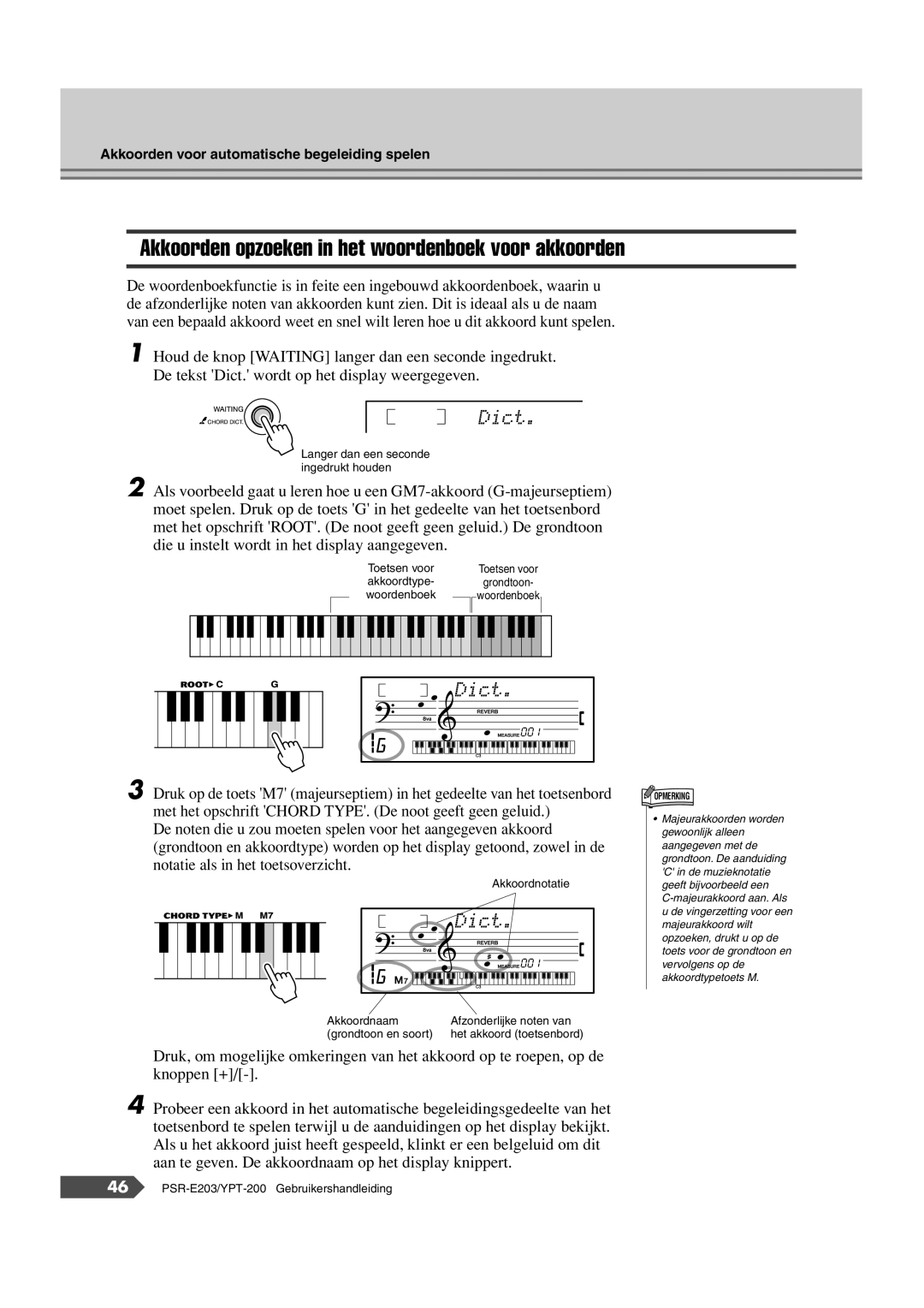 Yamaha SRE203 manual Akkoorden opzoeken in het woordenboek voor akkoorden, Dict 