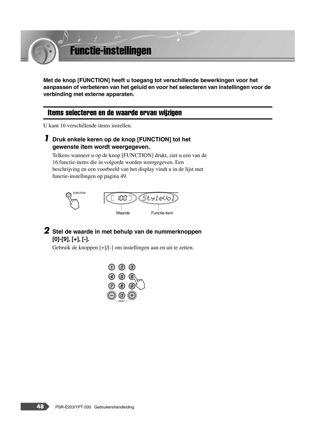 Yamaha SRE203 manual Functie-instellingen, Items selecteren en de waarde ervan wijzigen 