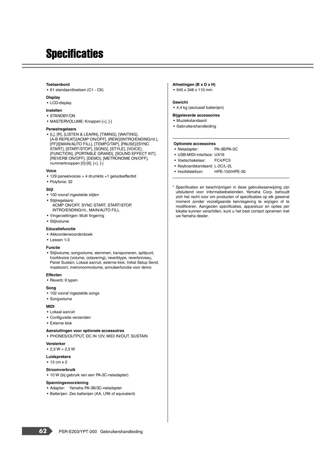 Yamaha SRE203 manual Speciﬁcaties, Paneelregelaars 