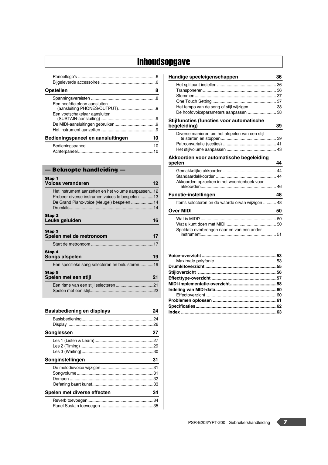 Yamaha SRE203 manual Inhoudsopgave 