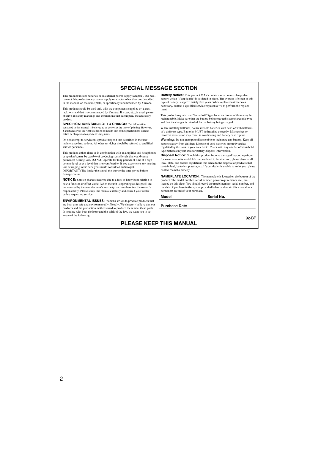 Yamaha Sv-200 owner manual Special Message Section 