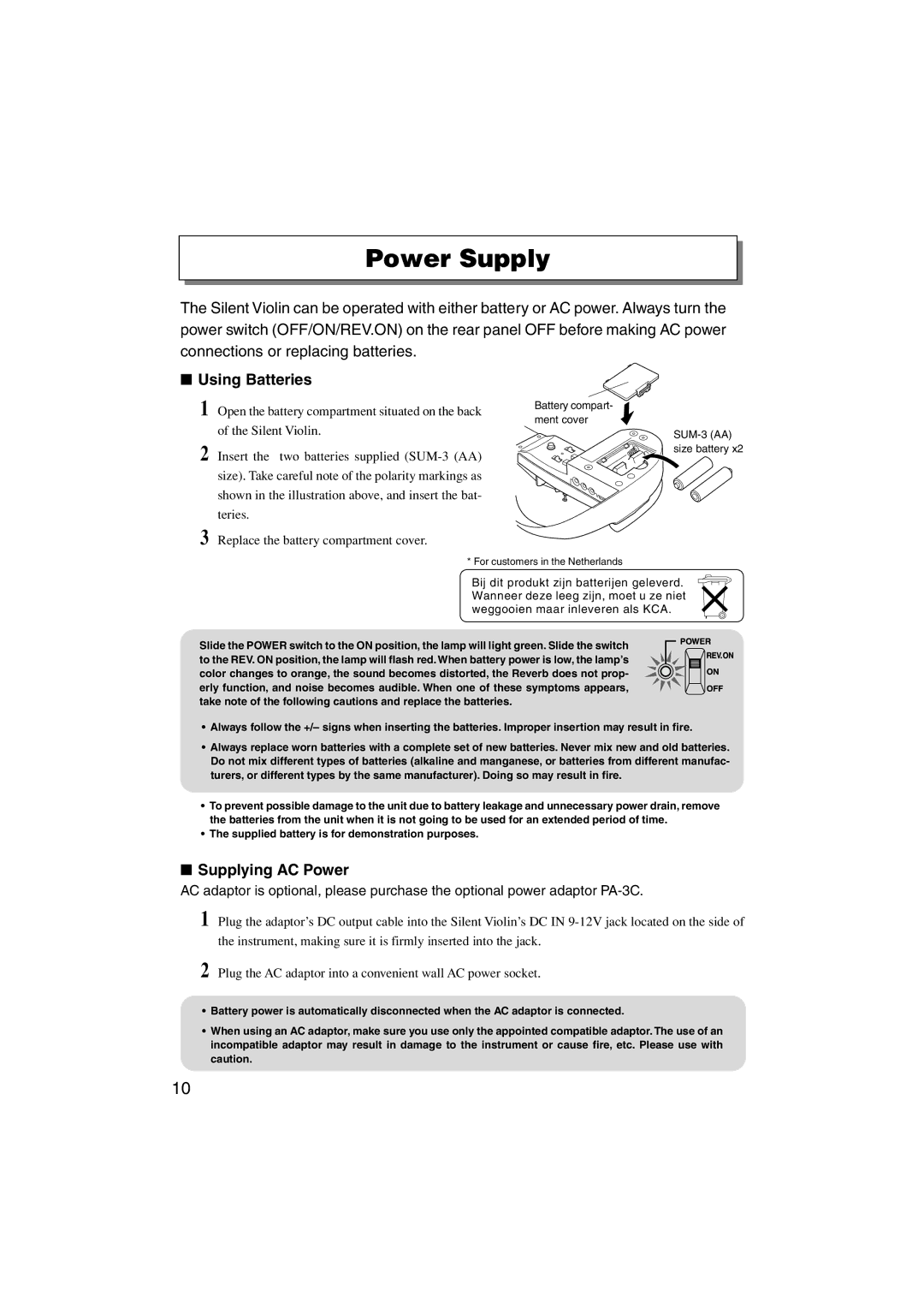 Yamaha SV130S owner manual Power Supply, Using Batteries, Supplying AC Power 